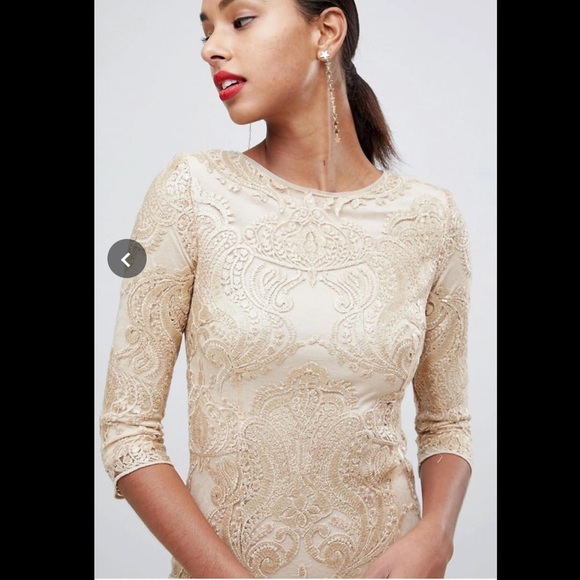 TFNC baroque patterned sequin mini dress in gold - Picture 2 of 11